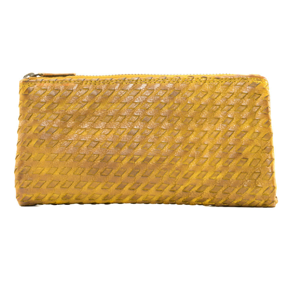Portefeuille porte-monnaie en cuir tressé NAZCA Jaune Moutarde