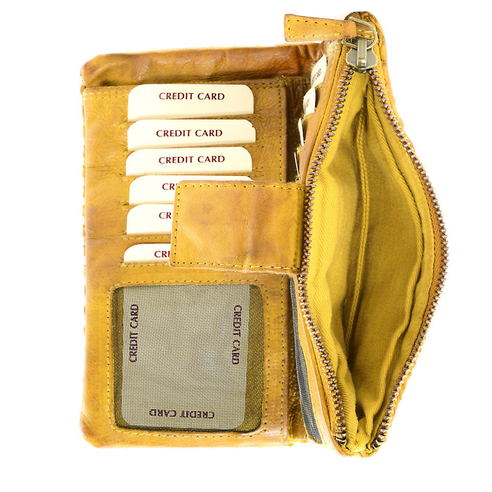 Portefeuille porte-monnaie en cuir tressé NAZCA Jaune Moutarde