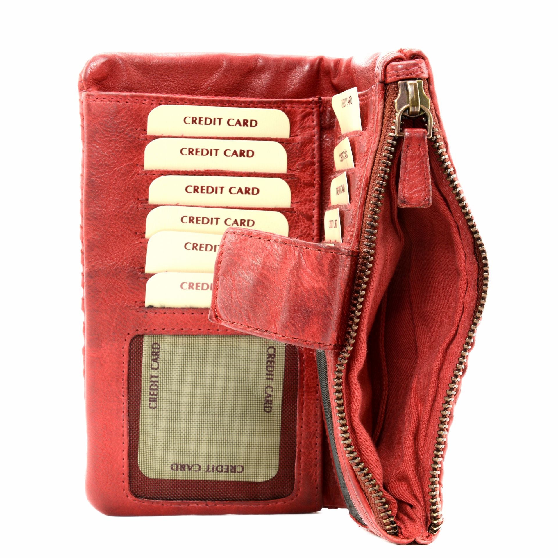 Portefeuille porte-monnaie en cuir tressé NAZCA Rouge garance