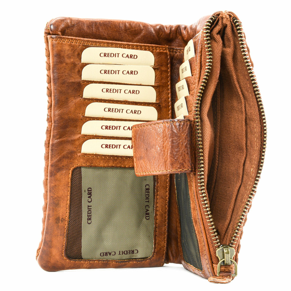 Portefeuille porte-monnaie en cuir tressé NAZCA Cognac