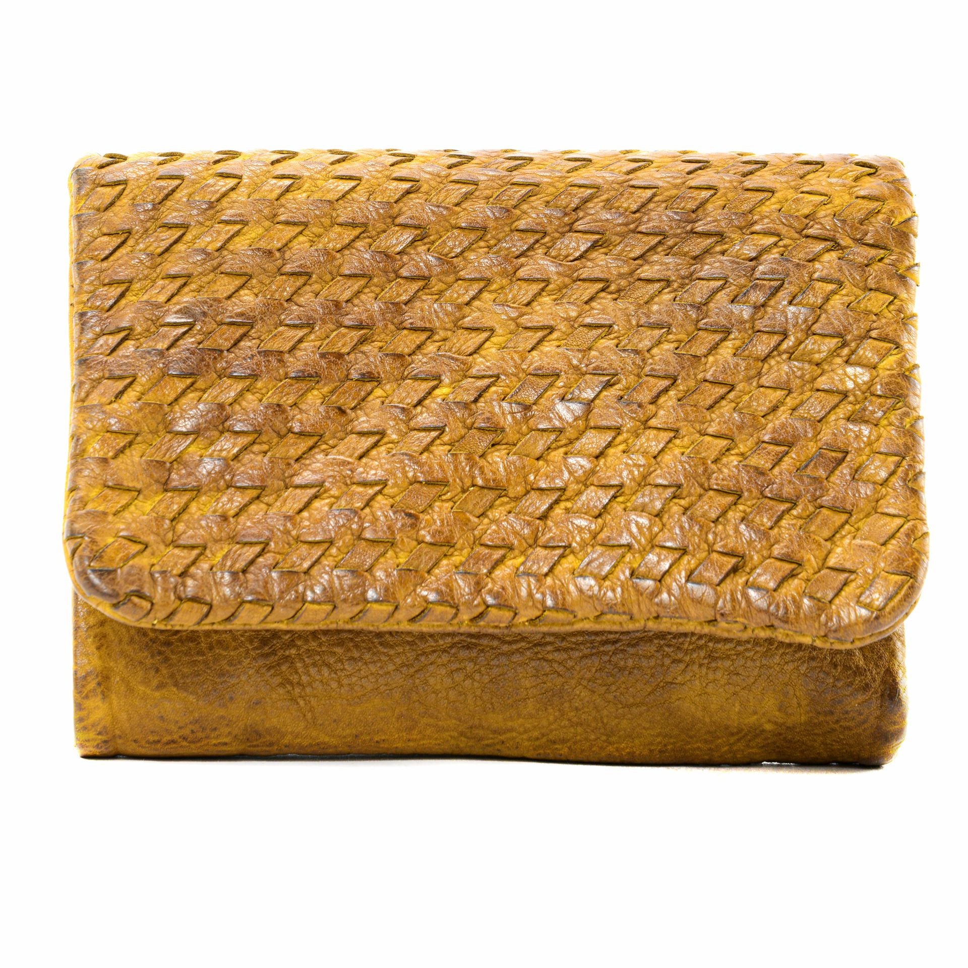 Portefeuille porte-monnaie en cuir tressé ATACAMA Jaune Moutarde