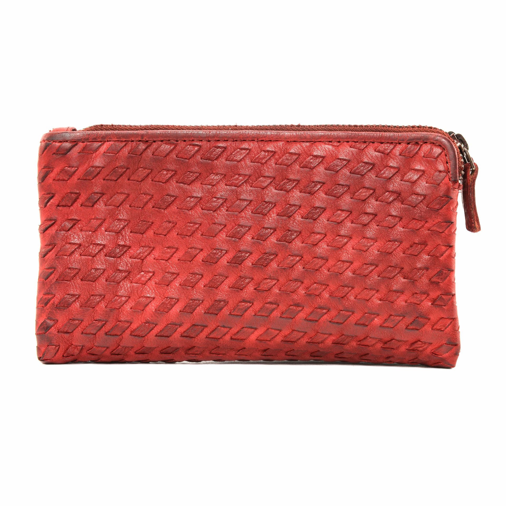 Portefeuille porte-monnaie en cuir tressé SAHARA Rouge garance