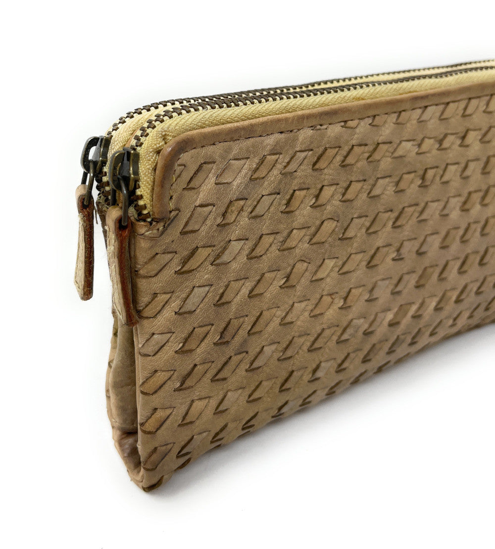 Portefeuille porte-monnaie en cuir tressé SAHARA Taupe clair