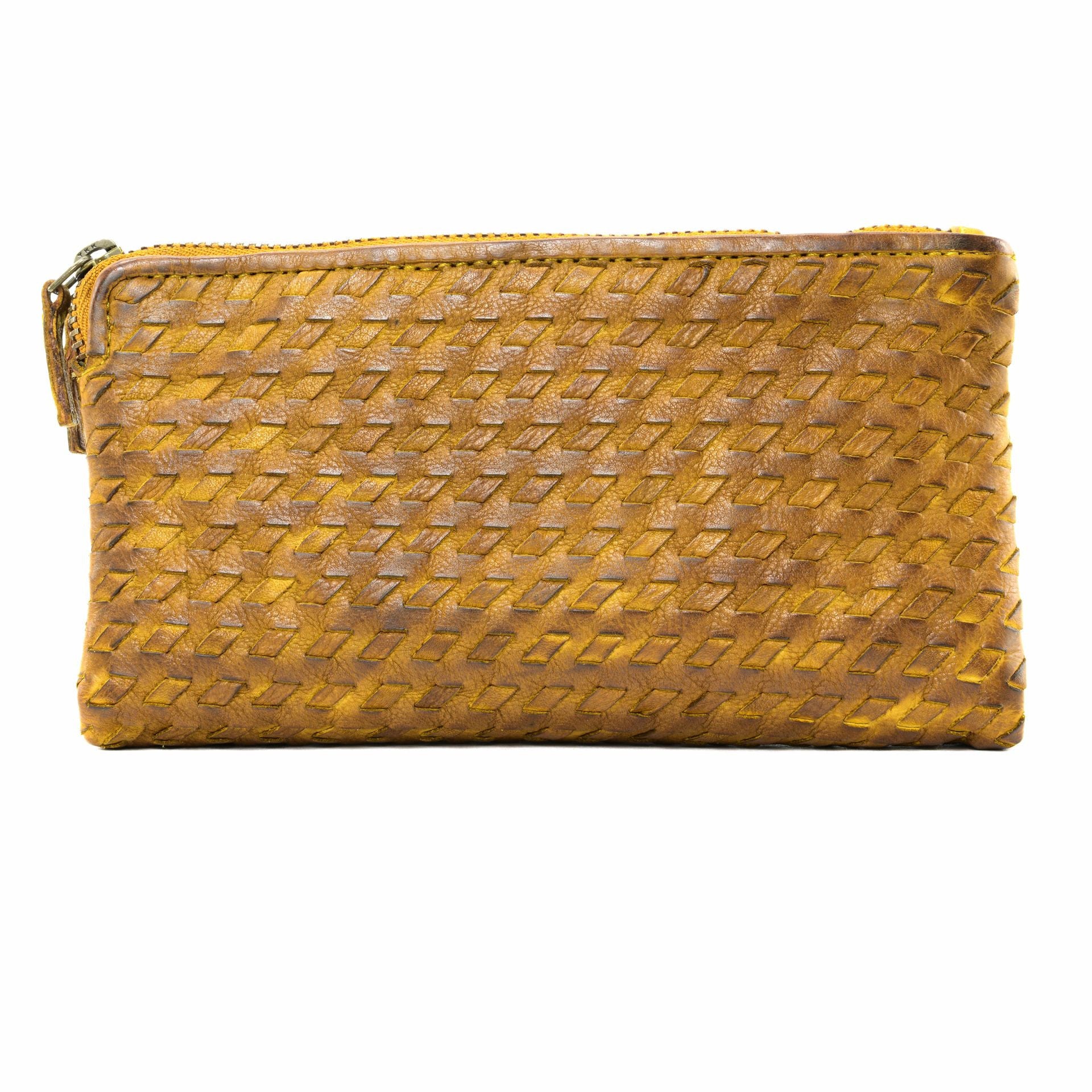 Portefeuille porte-monnaie en cuir tressé SAHARA Jaune Moutarde