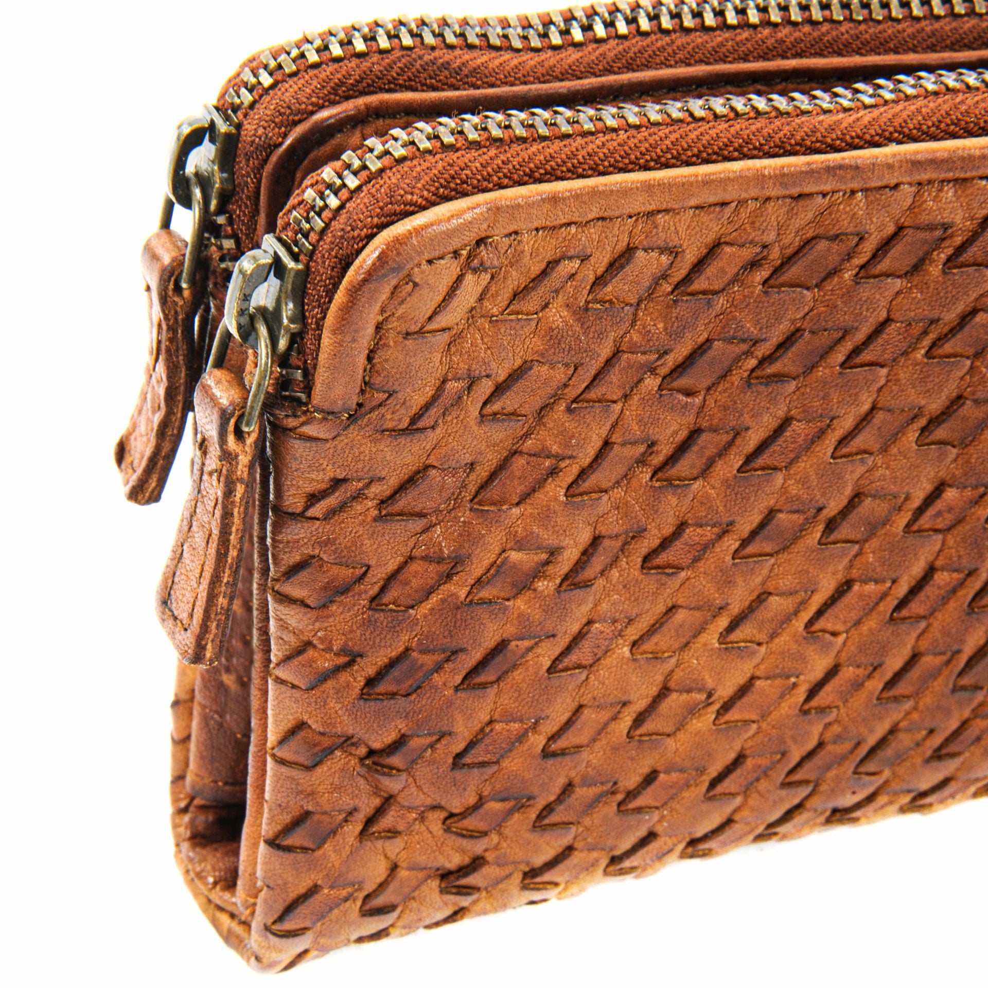 Portefeuille porte-monnaie en cuir tressé SAHARA Cognac