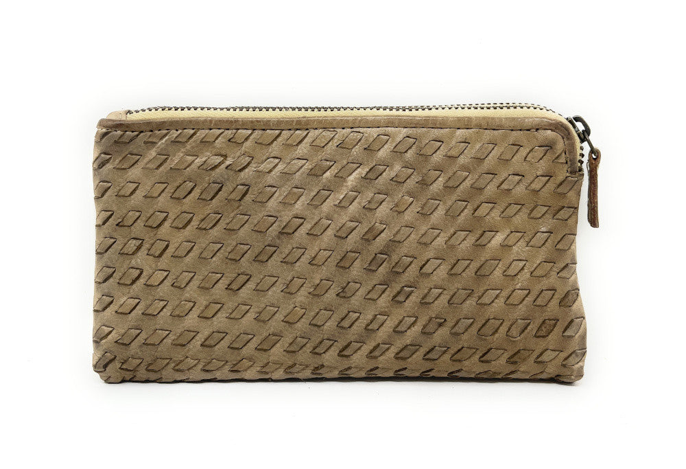 Portefeuille porte-monnaie en cuir tressé SAHARA Taupe clair