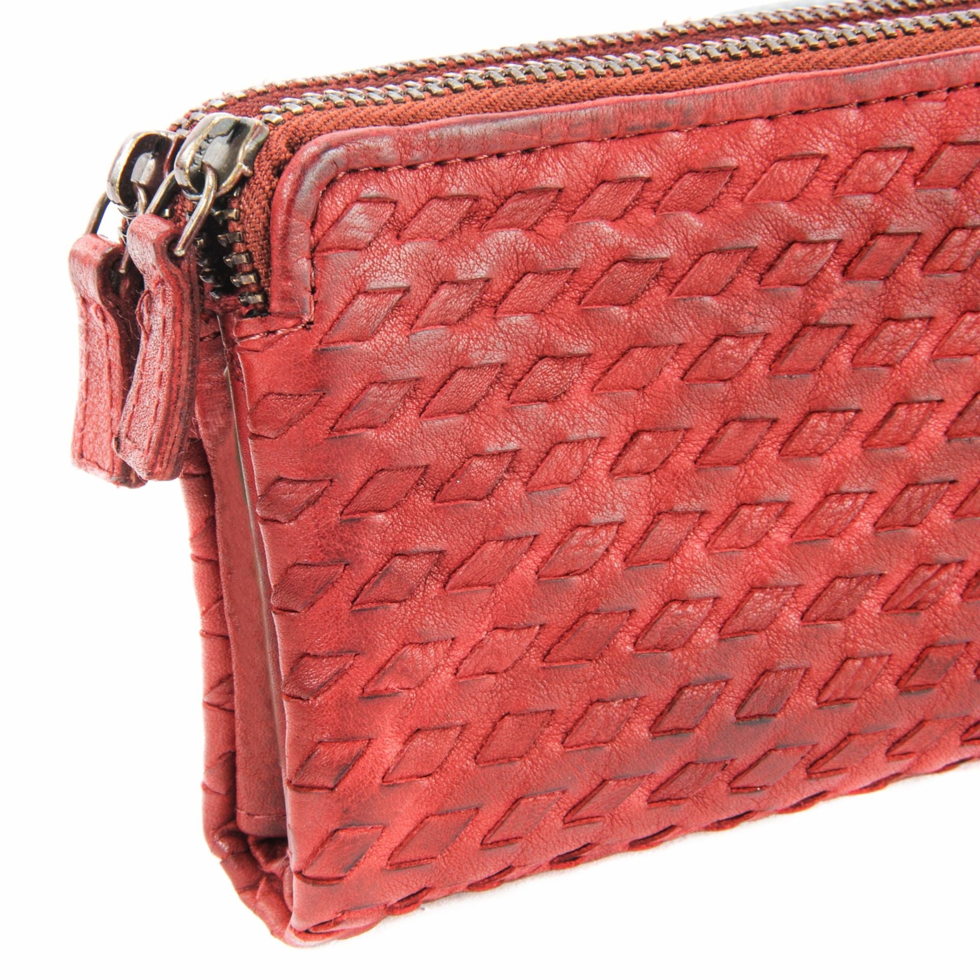 Portefeuille porte-monnaie en cuir tressé SAHARA Rouge garance