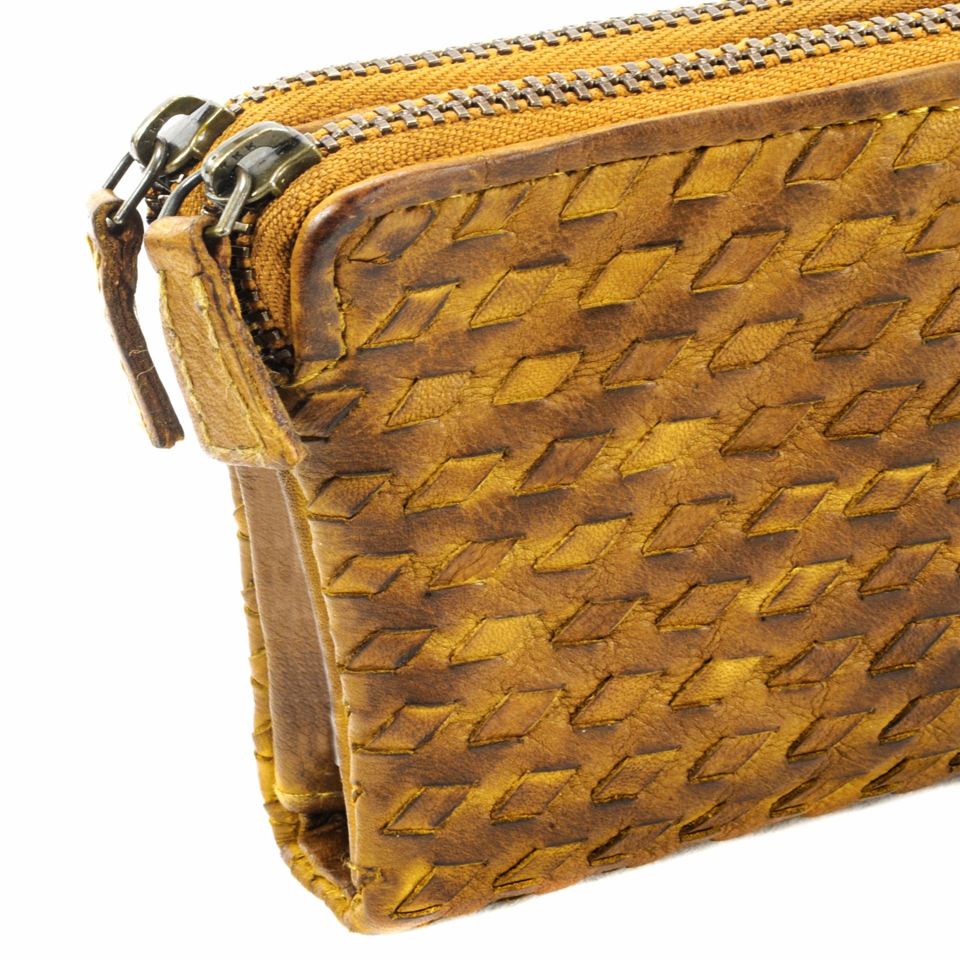 Portefeuille porte-monnaie en cuir tressé SAHARA Jaune Moutarde