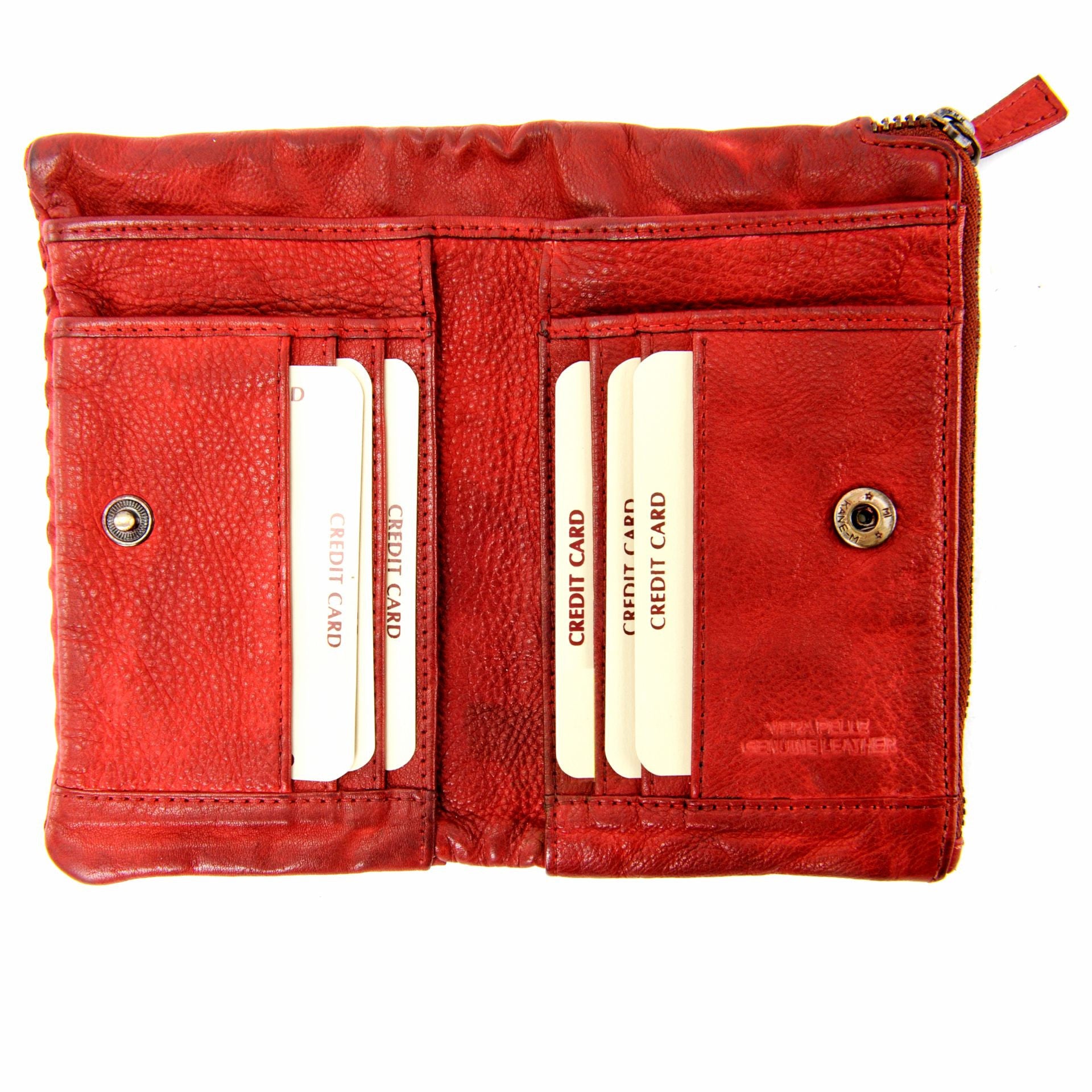 Portefeuille porte-monnaie en cuir tressé THAR Rouge garance