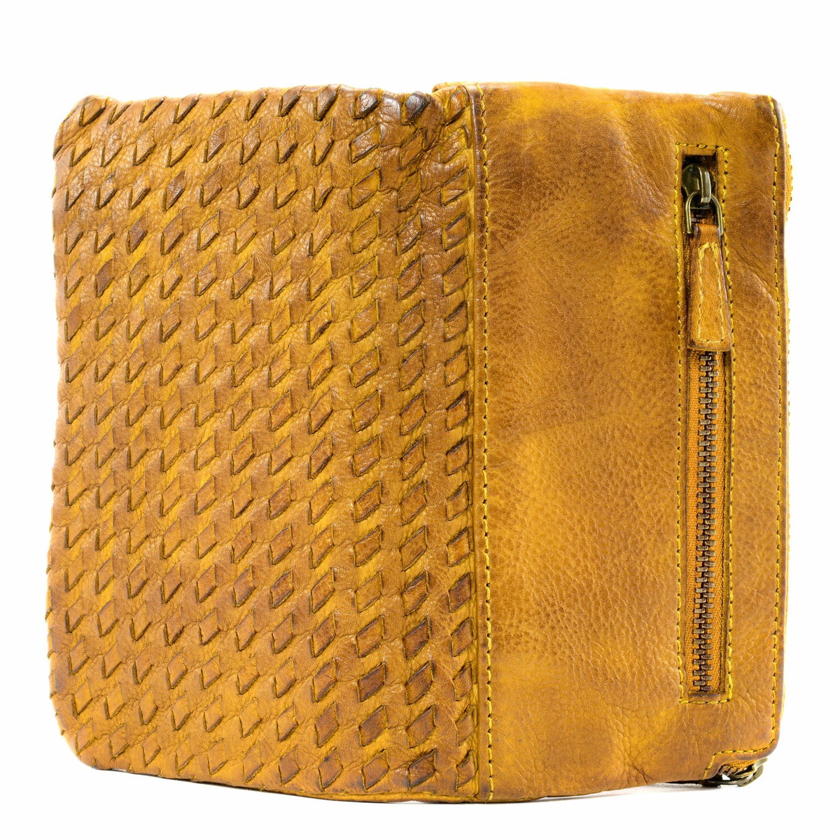 Portefeuille porte-monnaie en cuir tressé THAR Jaune Moutarde