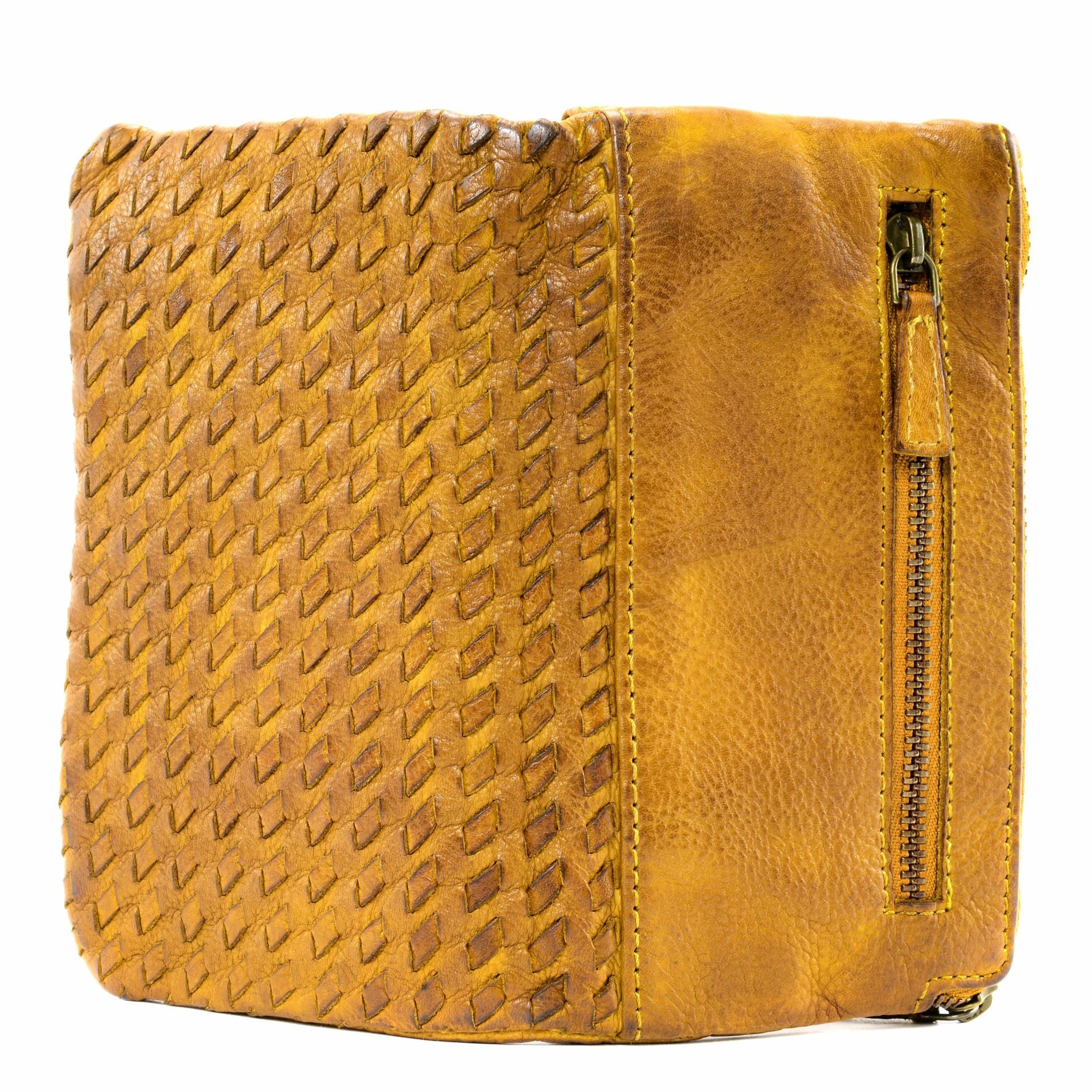Portefeuille porte-monnaie en cuir tressé THAR Jaune Moutarde