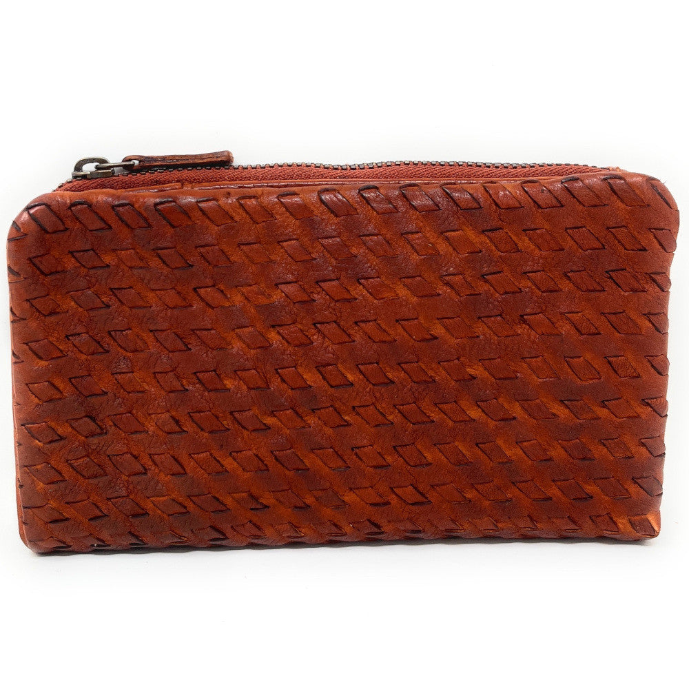 Portefeuille porte-monnaie en cuir tressé THAR Orange patiné