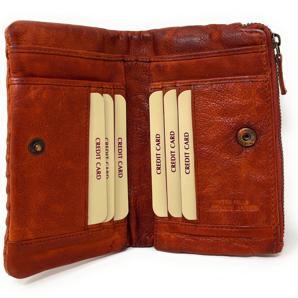 Portefeuille porte-monnaie en cuir tressé THAR Orange patiné