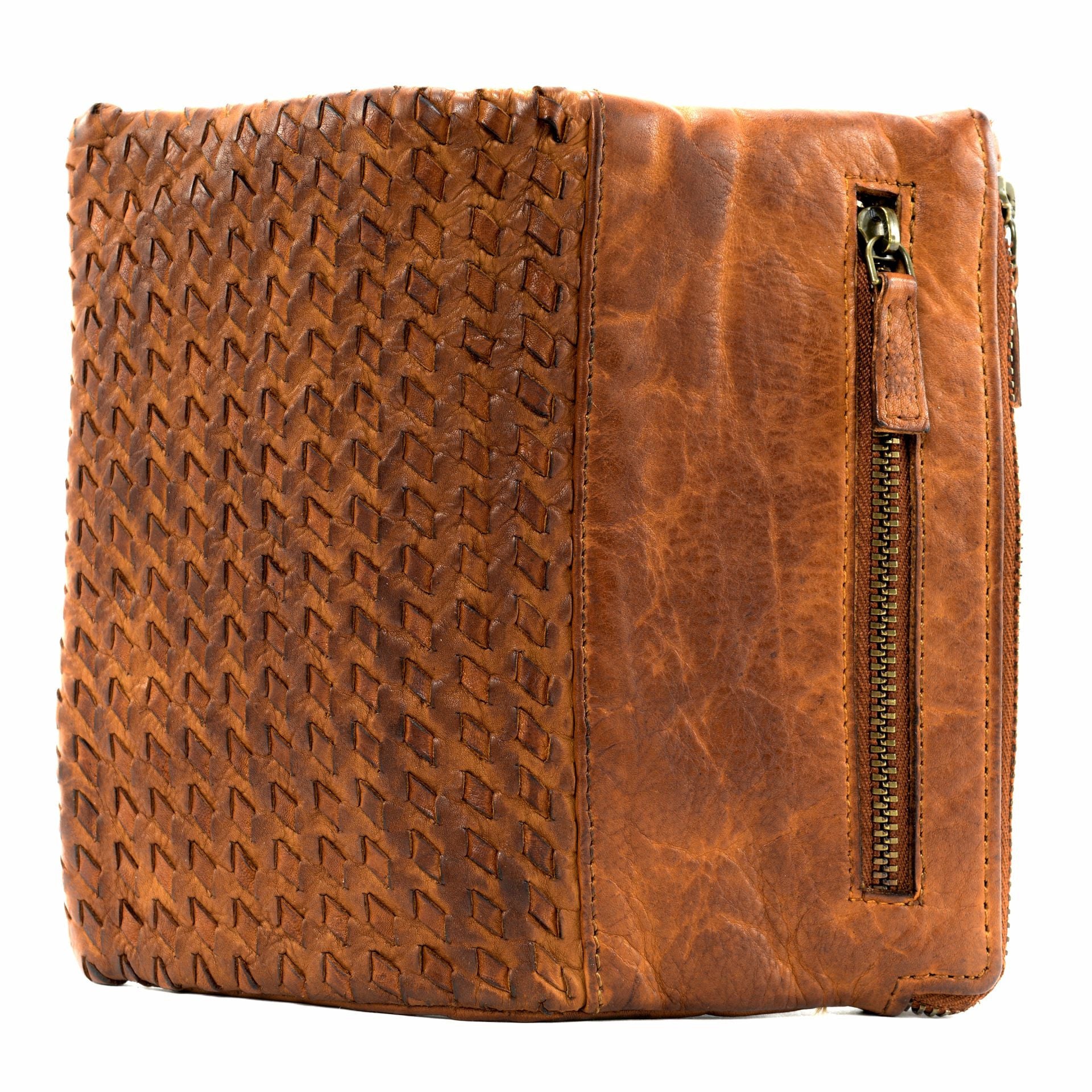Portefeuille porte-monnaie en cuir tressé THAR Cognac