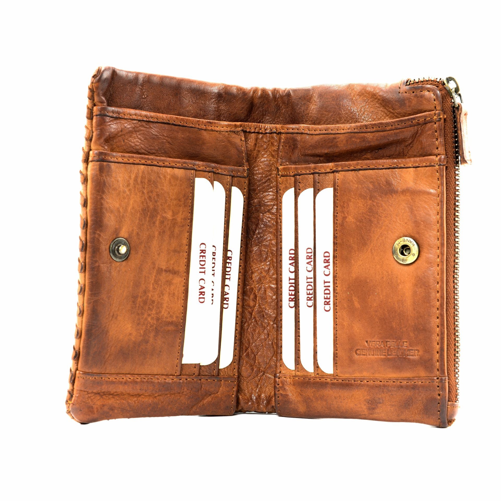 Portefeuille porte-monnaie en cuir tressé THAR Cognac