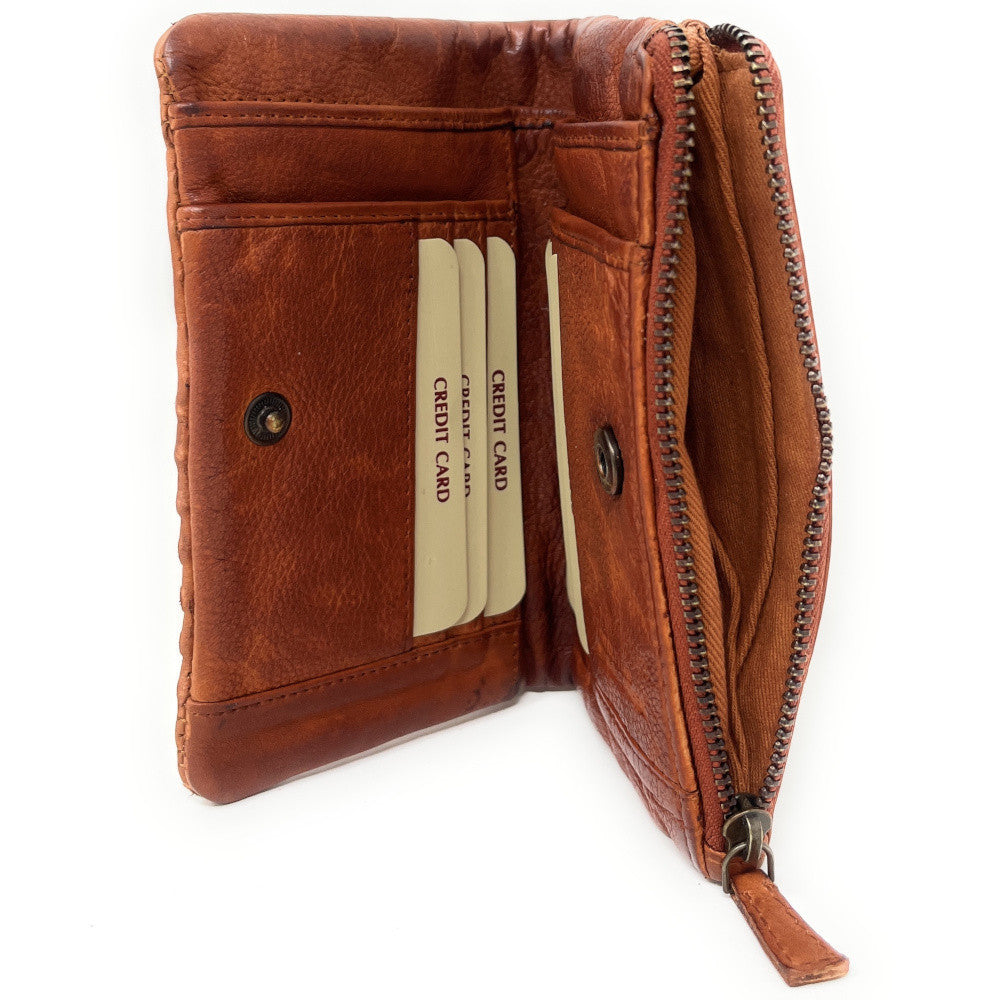 Portefeuille porte-monnaie en cuir tressé THAR Orange patiné