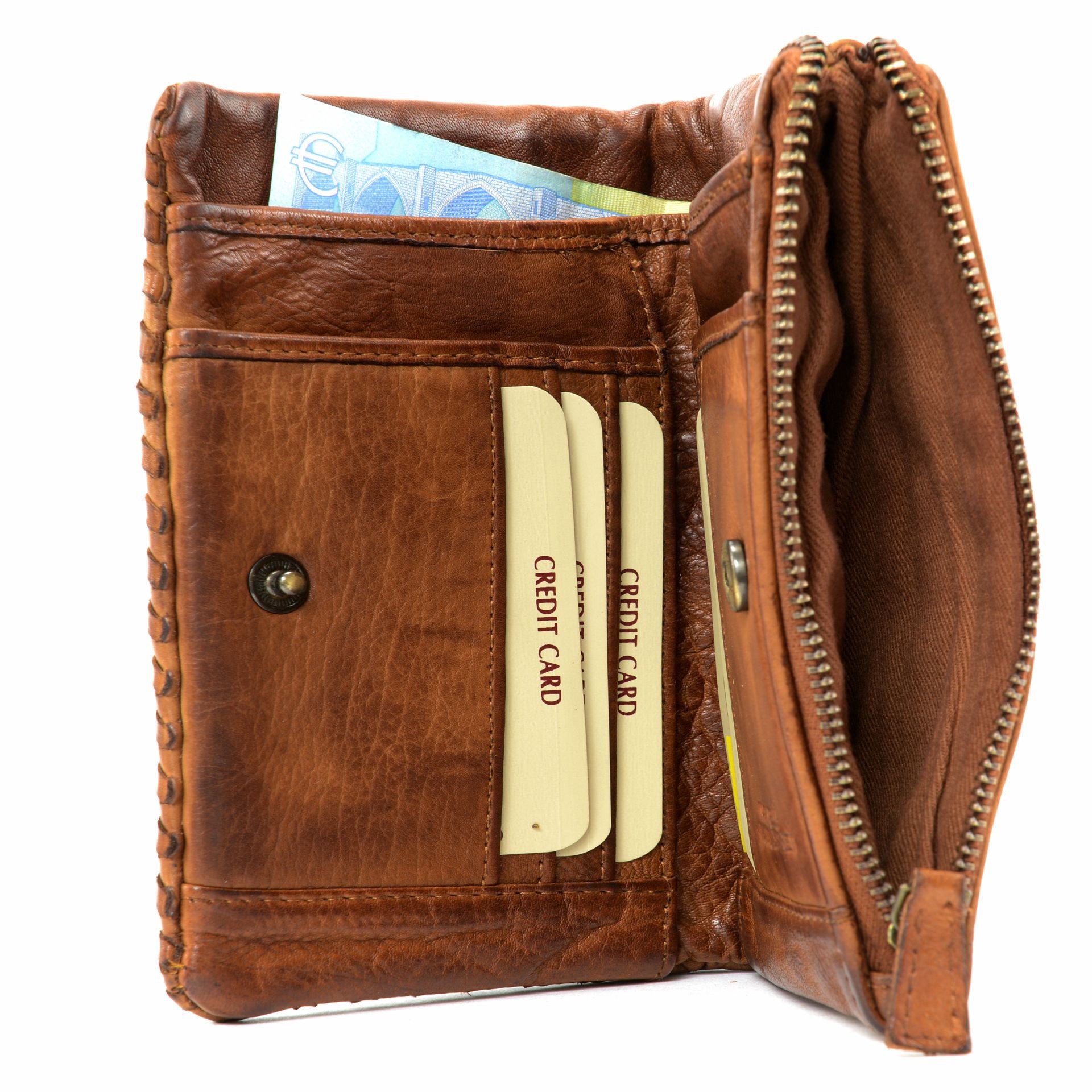 Portefeuille porte-monnaie en cuir tressé THAR Cognac