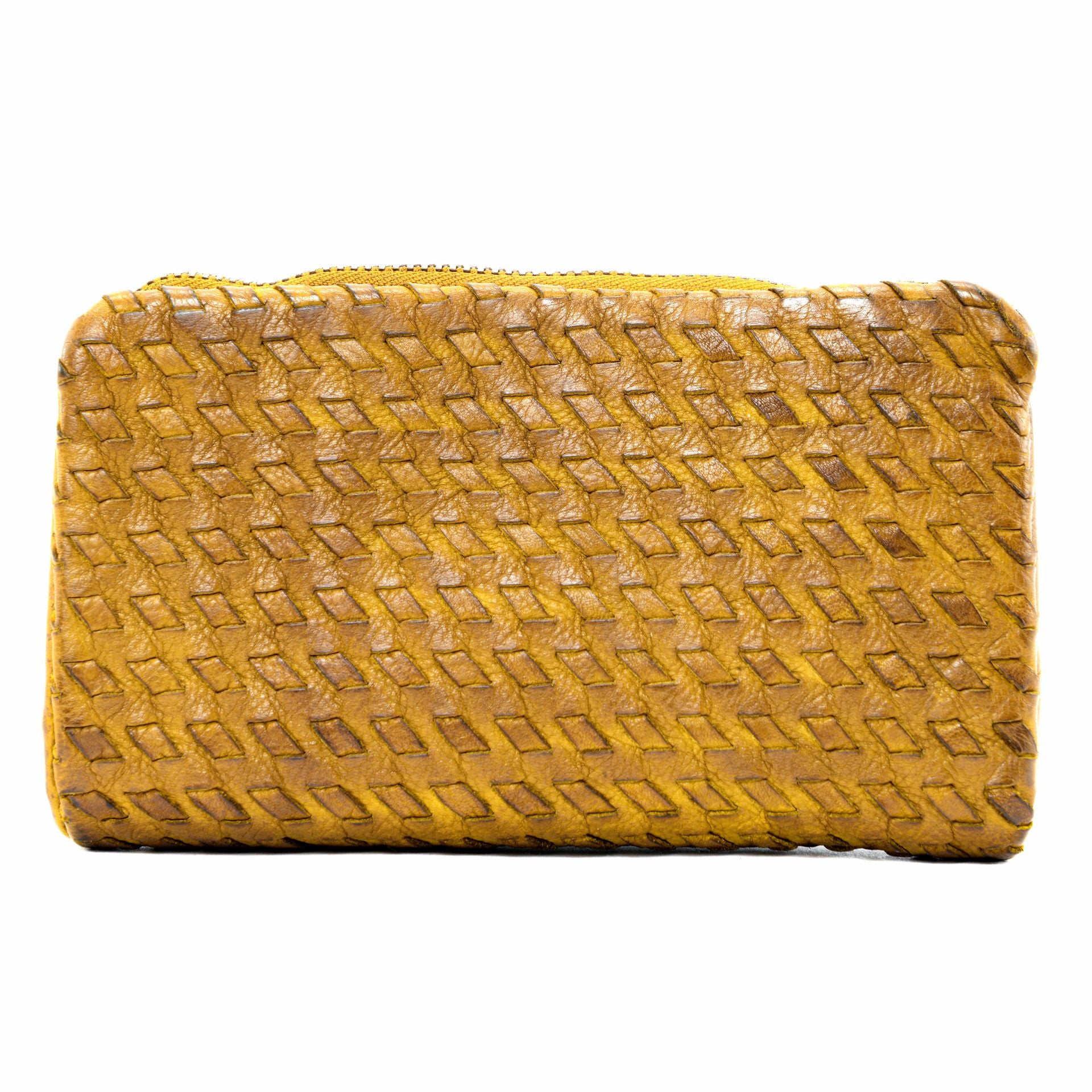Portefeuille porte-monnaie en cuir tressé THAR Jaune Moutarde