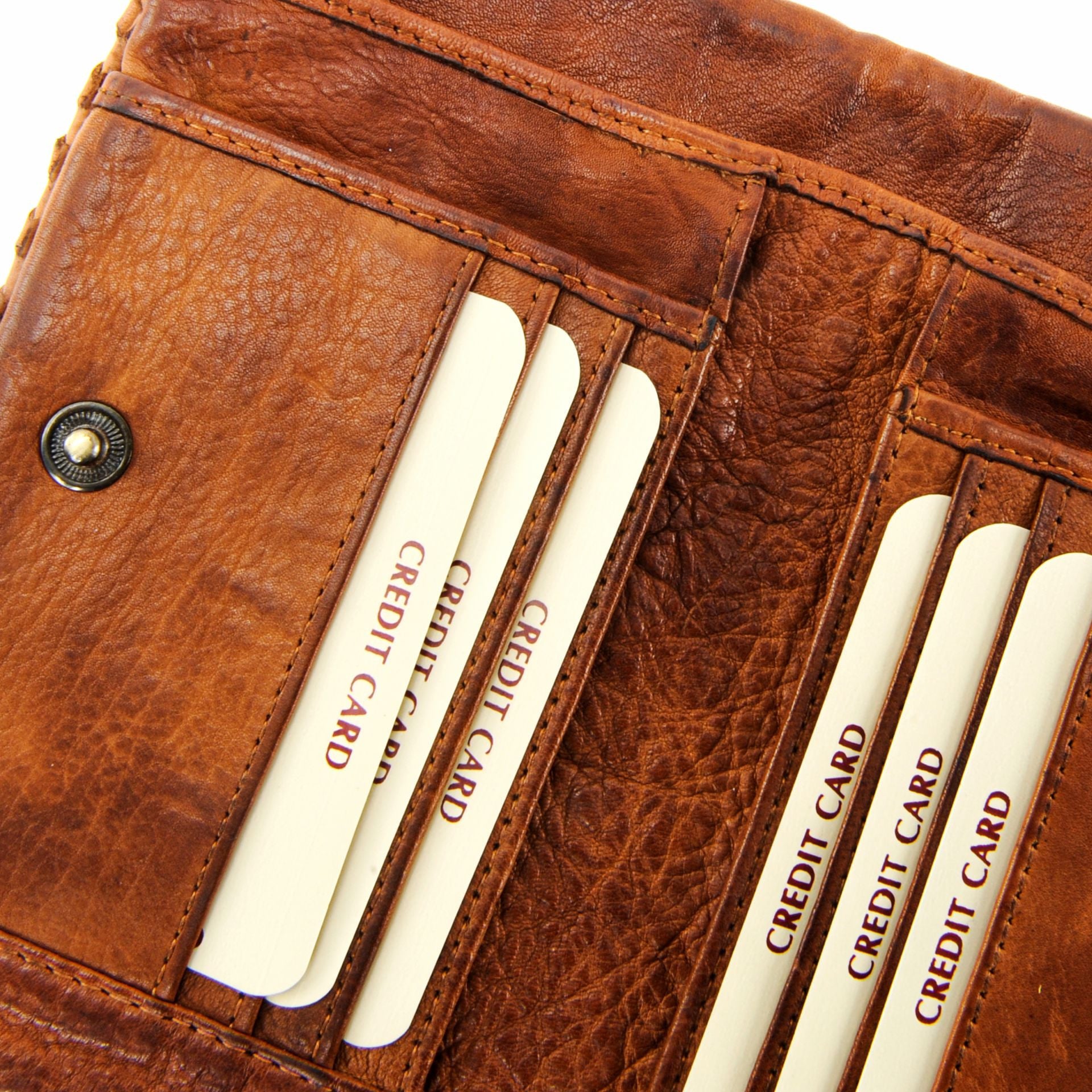 Portefeuille porte-monnaie en cuir tressé THAR Cognac