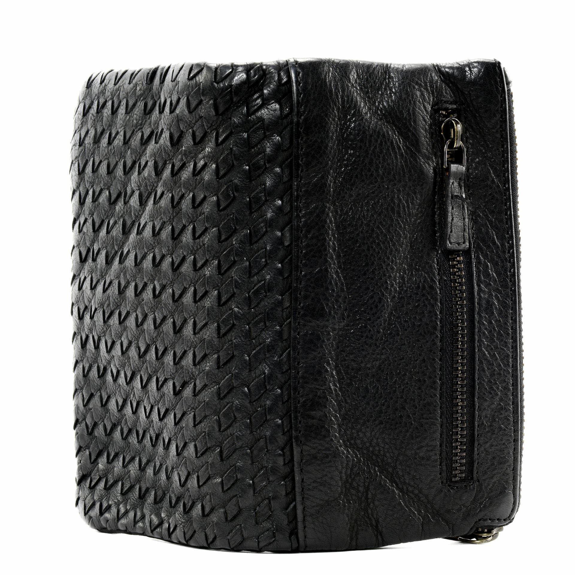 Portefeuille porte-monnaie en cuir tressé THAR Noir