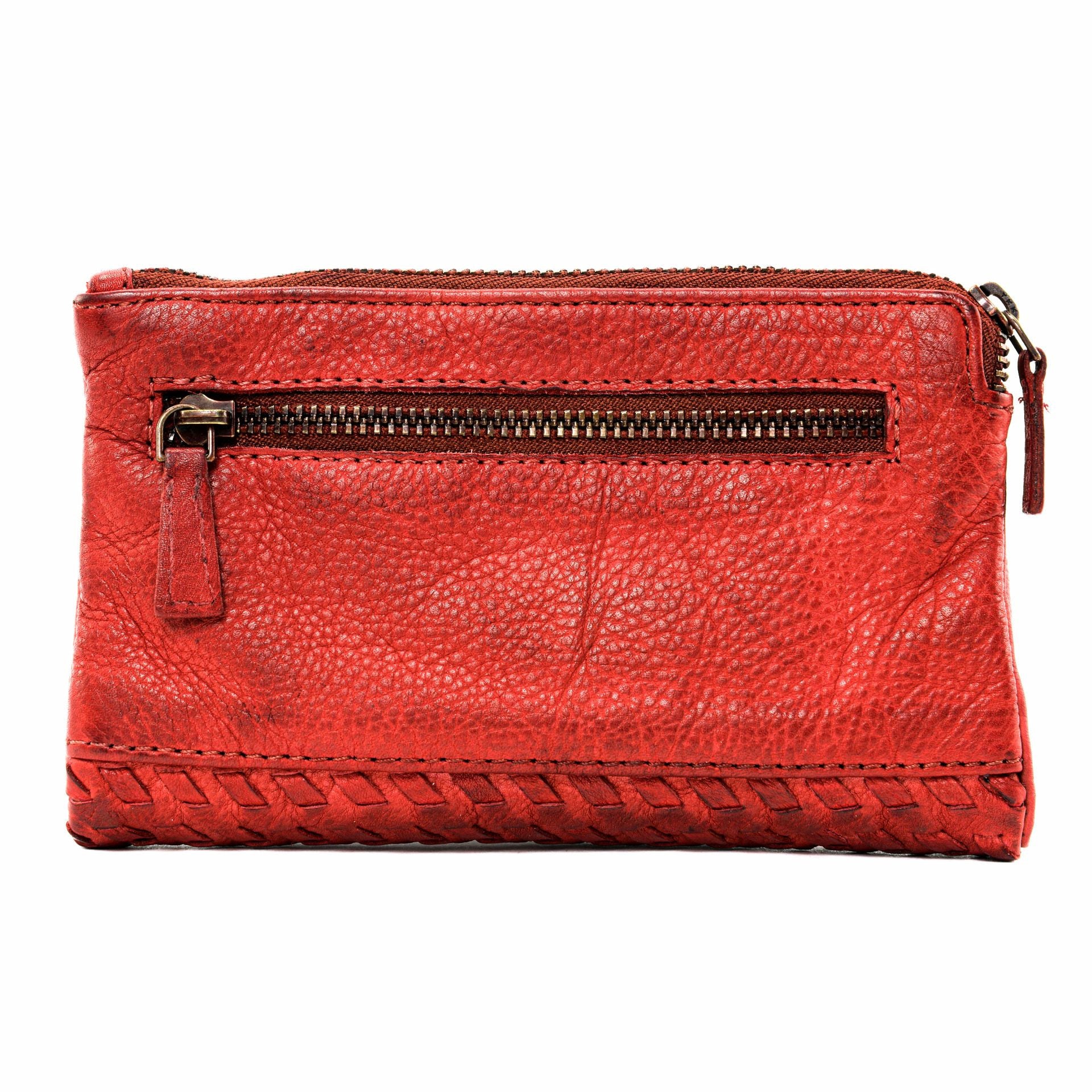 Portefeuille porte-monnaie en cuir tressé THAR Rouge garance