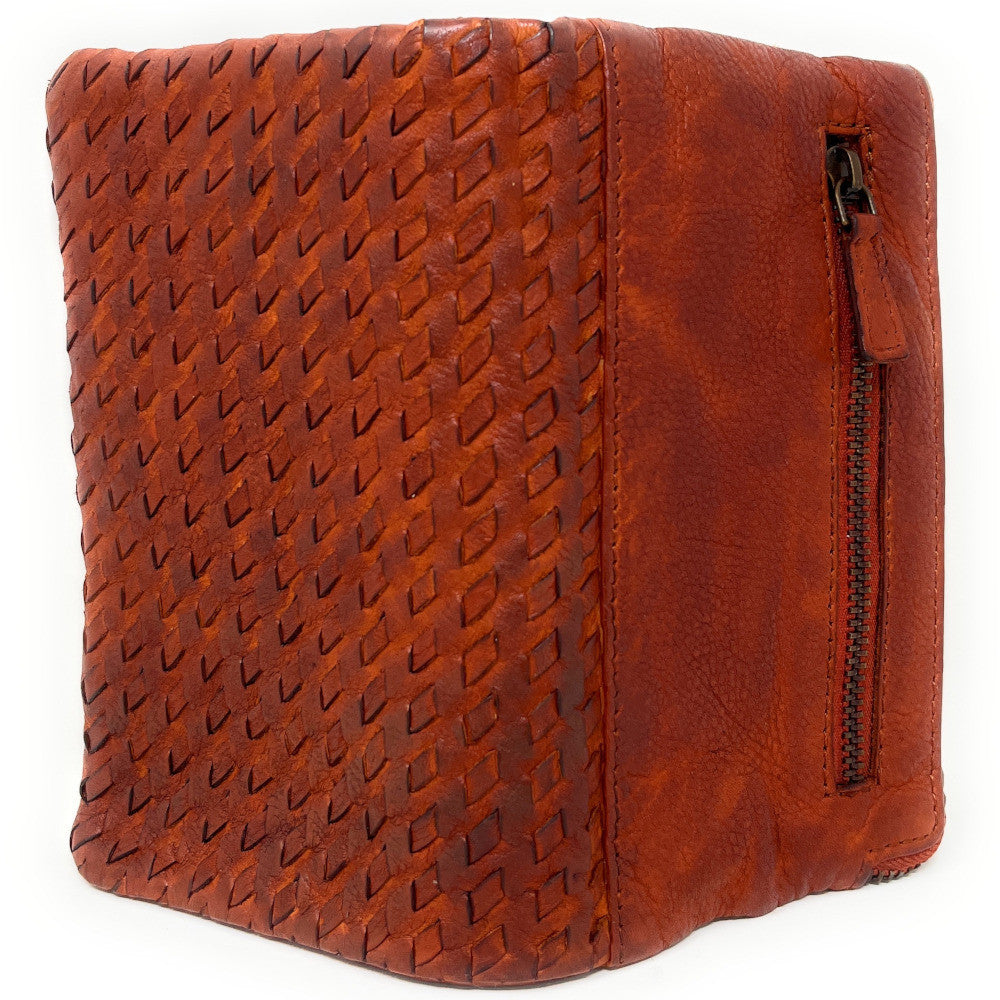 Portefeuille porte-monnaie en cuir tressé THAR Orange patiné
