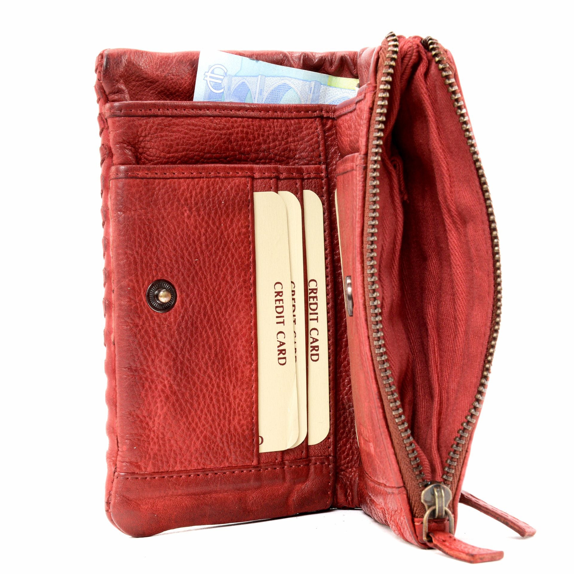 Portefeuille porte-monnaie en cuir tressé THAR Rouge garance