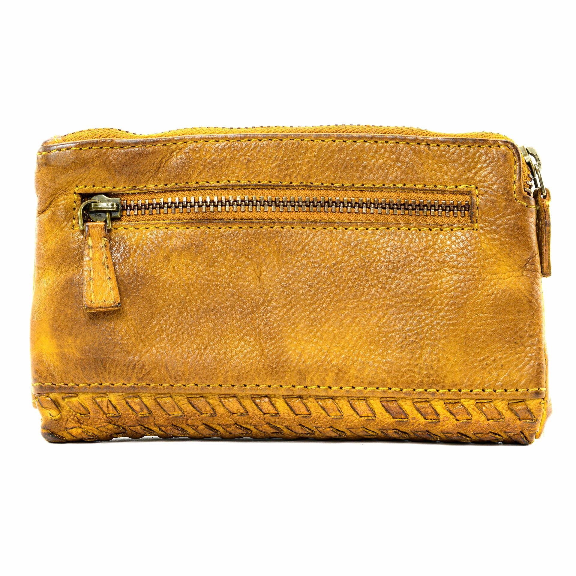 Portefeuille porte-monnaie en cuir tressé THAR Jaune Moutarde