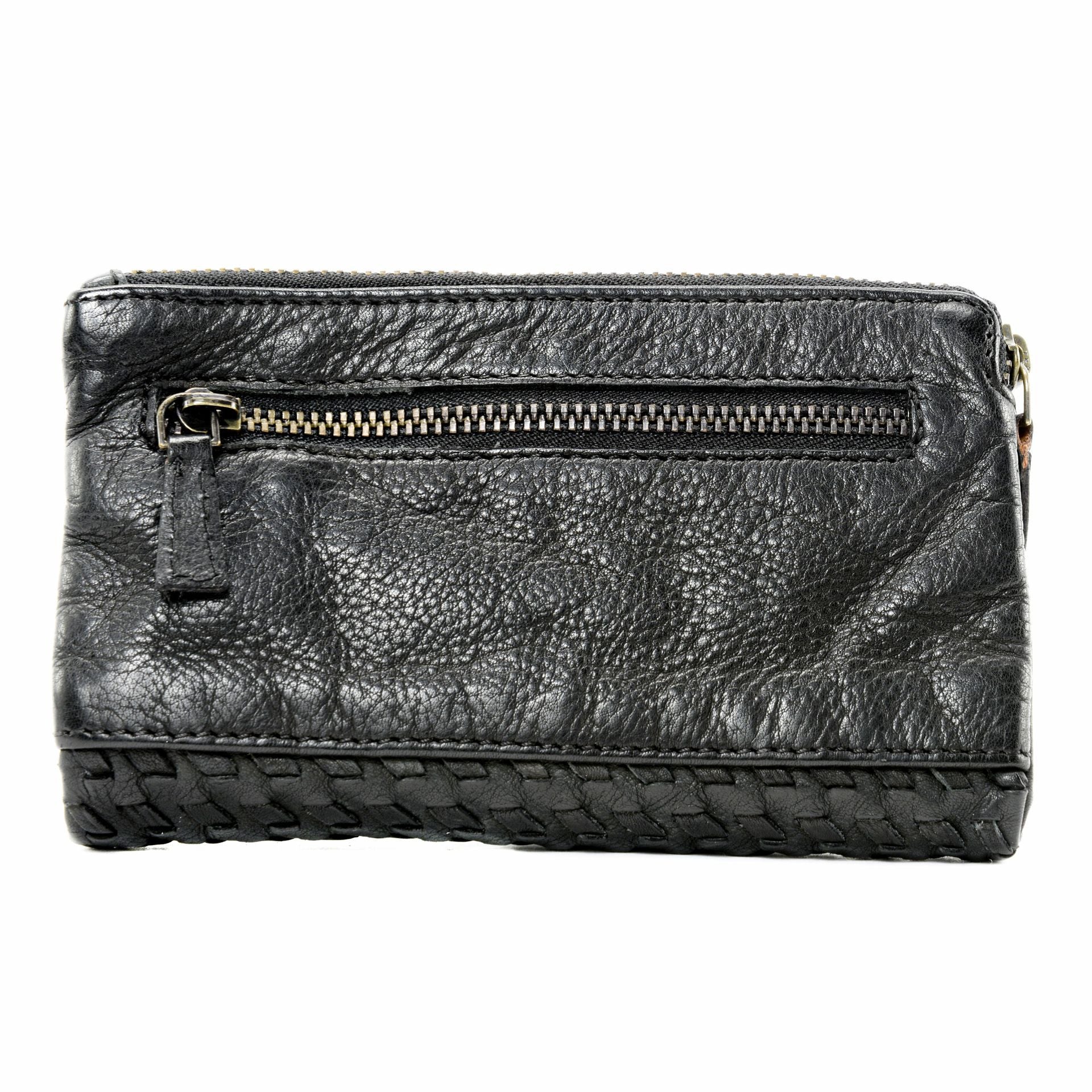 Portefeuille porte-monnaie en cuir tressé THAR Noir