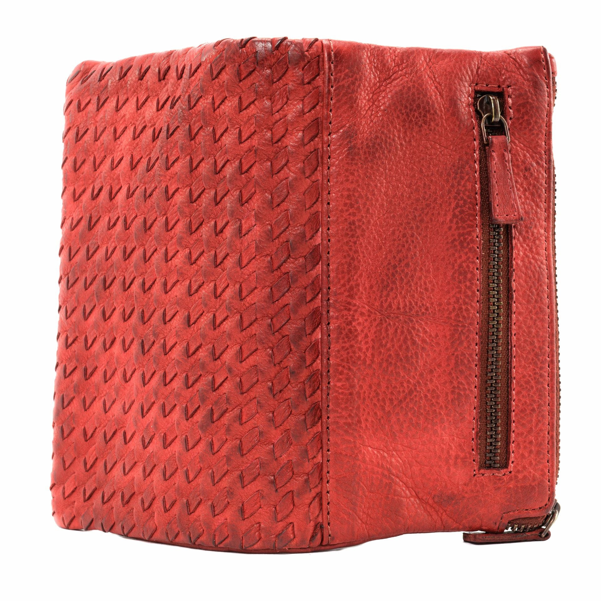 Portefeuille porte-monnaie en cuir tressé THAR Rouge garance