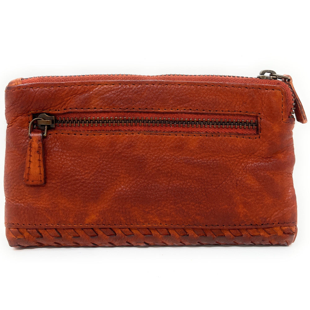 Portefeuille porte-monnaie en cuir tressé THAR Orange patiné