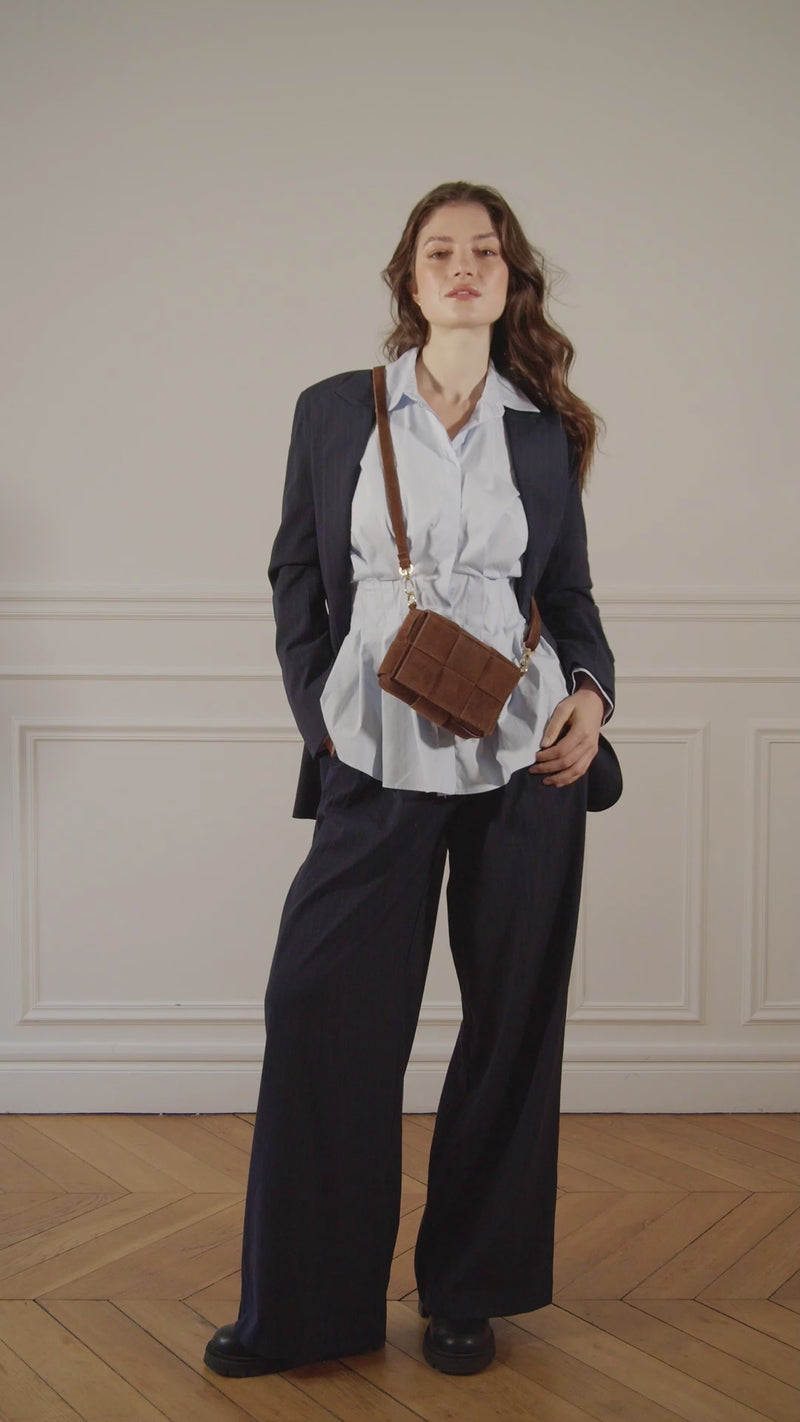 Elegant dark camel nubuck leather handbag