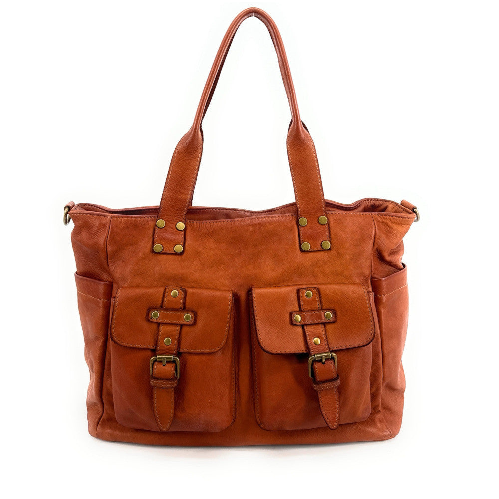 Sac cabas en cuir vintage QUARTET Camel foncé