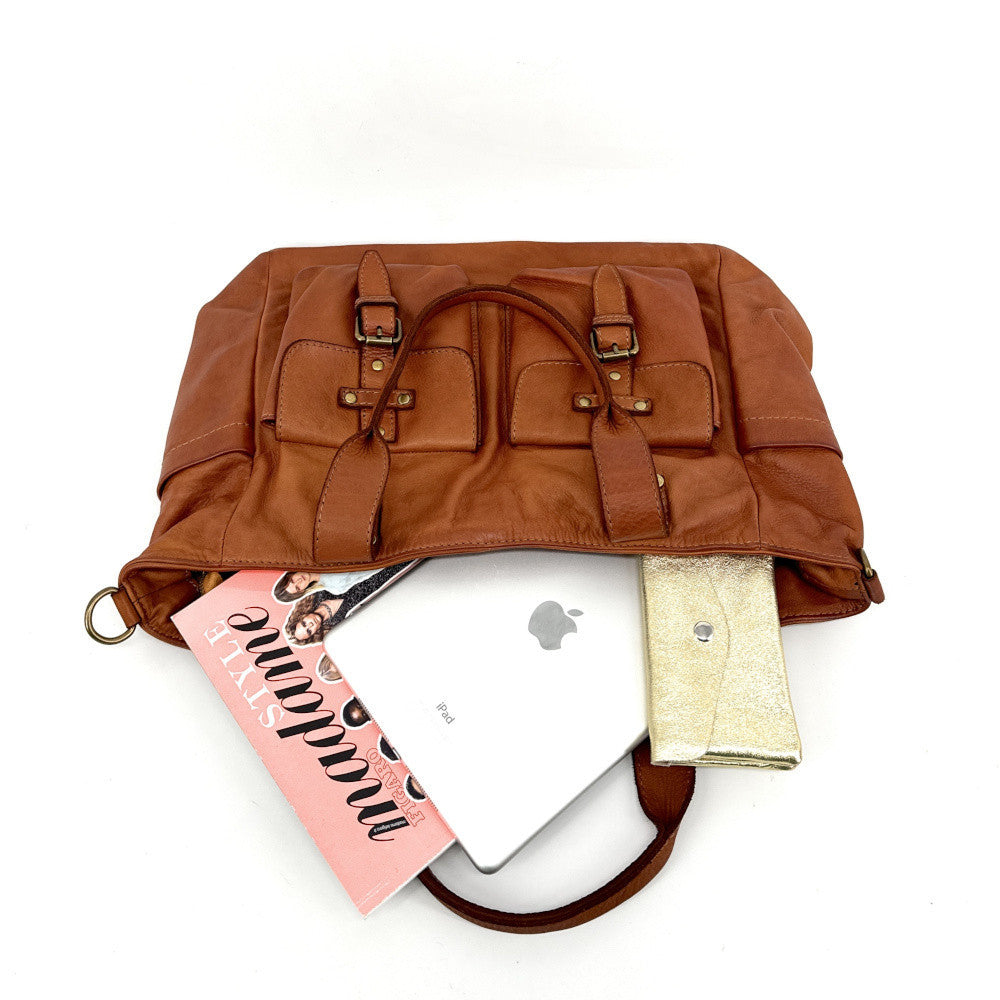 Sac cabas en cuir vintage QUARTET Camel foncé