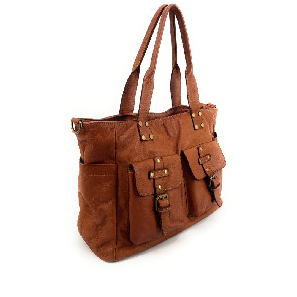 Sac cabas en cuir vintage QUARTET Camel foncé