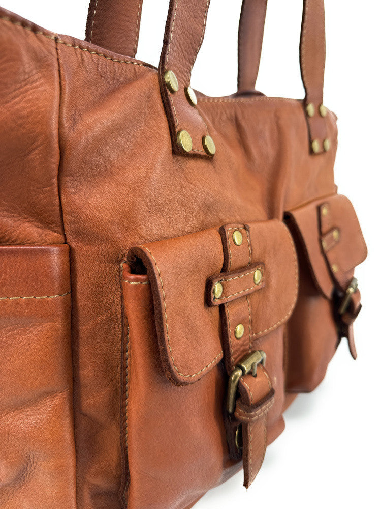 Sac cabas en cuir vintage QUARTET Camel foncé