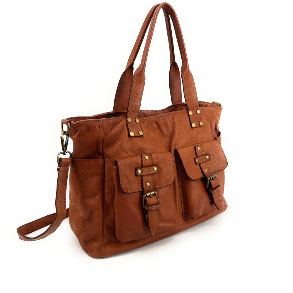 Sac cabas en cuir vintage QUARTET Camel foncé
