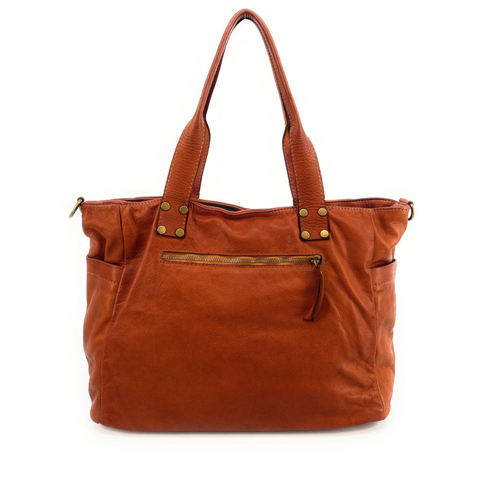 Sac cabas en cuir vintage QUARTET Camel foncé