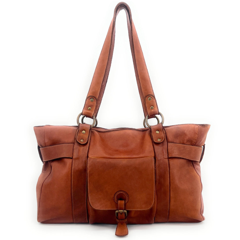 Maxi sac cabas porté épaule en cuir vintage QUEEN M Camel foncé