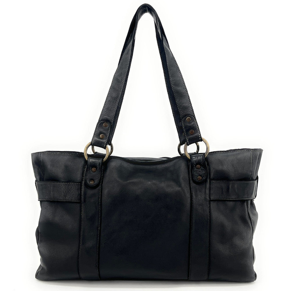 Maxi sac cabas porté épaule en cuir vintage QUEEN M Noir