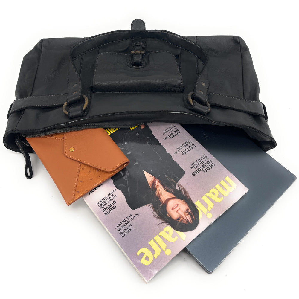 Maxi sac cabas porté épaule en cuir vintage QUEEN M Noir