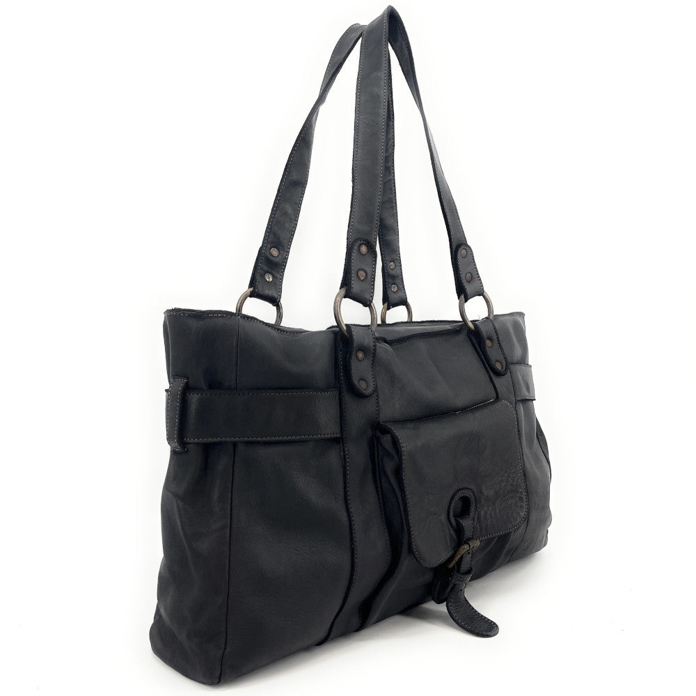 Maxi sac cabas porté épaule en cuir vintage QUEEN M Noir