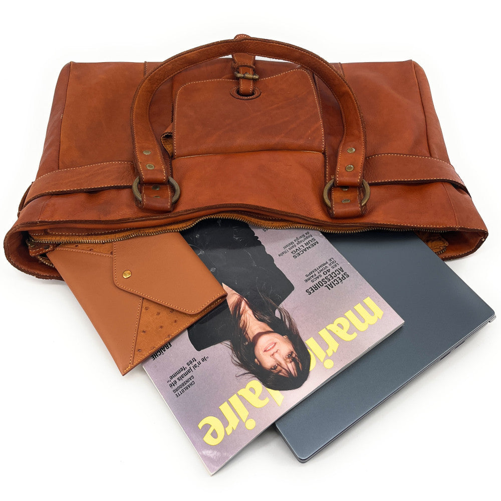 Maxi sac cabas porté épaule en cuir vintage QUEEN M Camel foncé