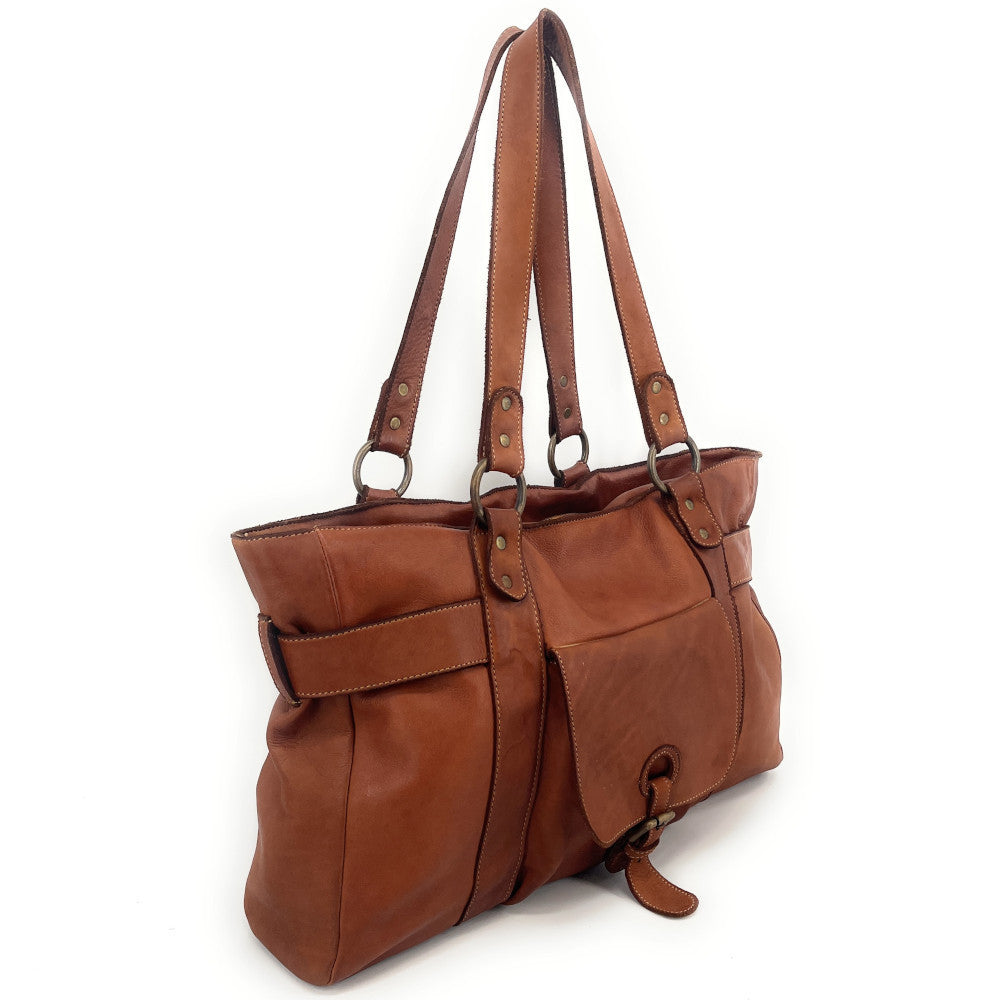 Maxi sac cabas porté épaule en cuir vintage QUEEN M Camel foncé