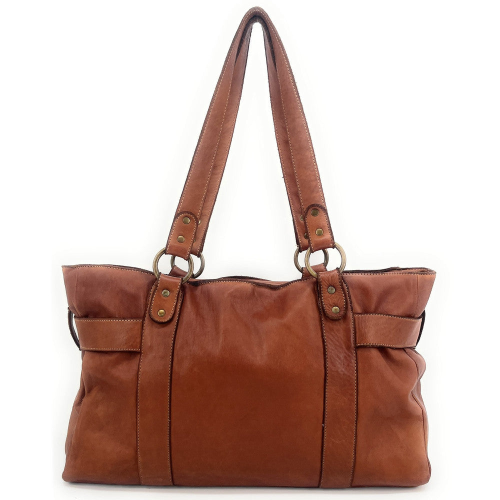 Maxi sac cabas porté épaule en cuir vintage QUEEN M Camel foncé