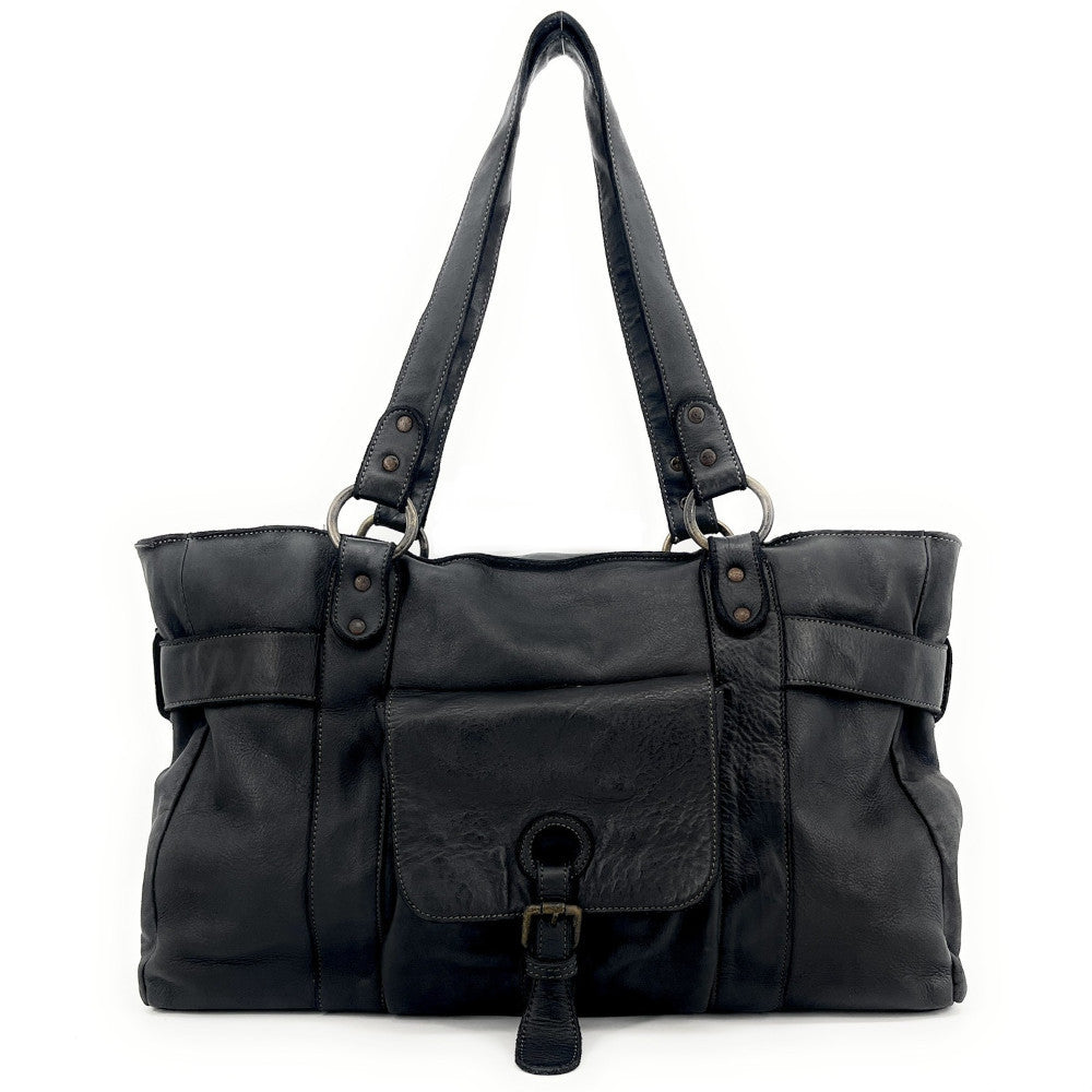Maxi sac cabas porté épaule en cuir vintage QUEEN M Noir