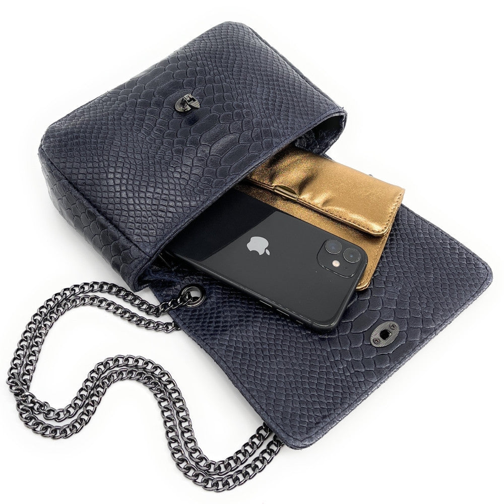 Sac bandoulière en cuir embossé effet serpent HONEY Bleu marine