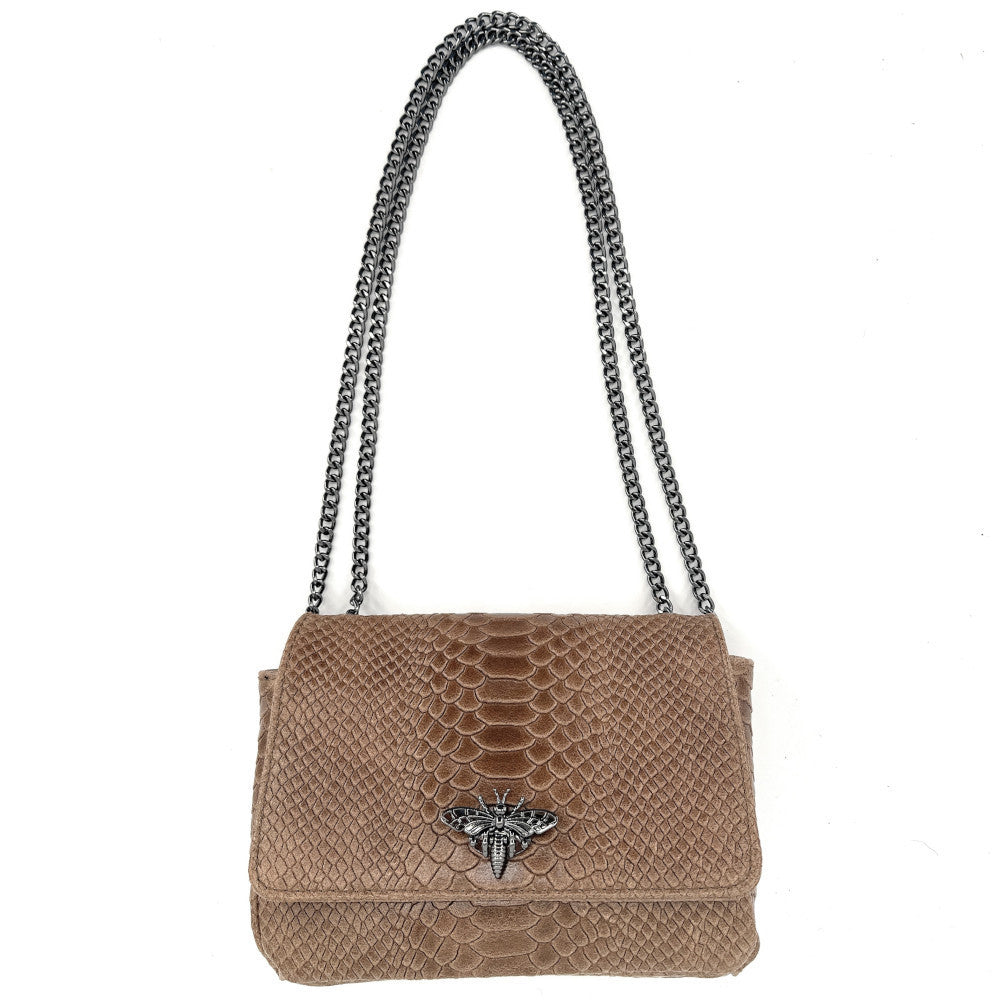 Sac bandoulière en cuir embossé effet serpent HONEY Taupe foncé