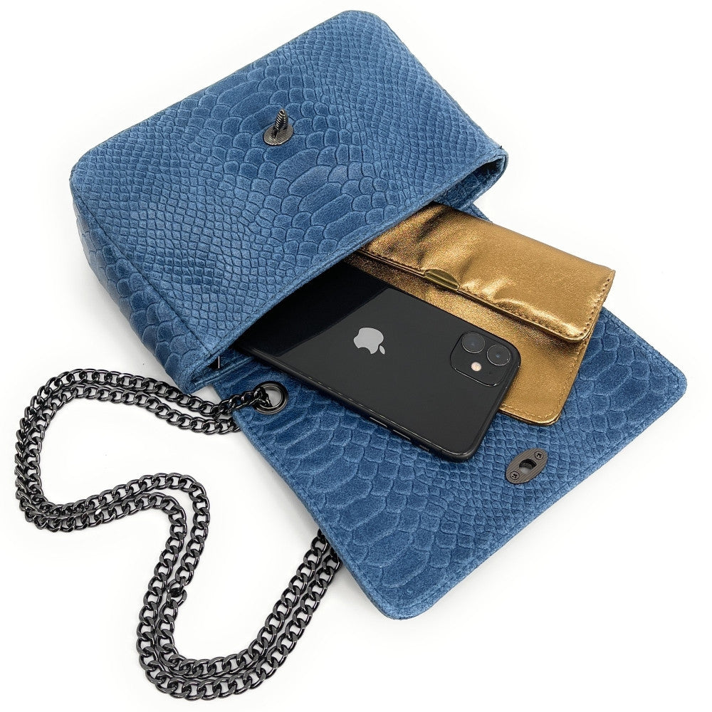 Sac bandoulière en cuir embossé effet serpent HONEY Bleu denim