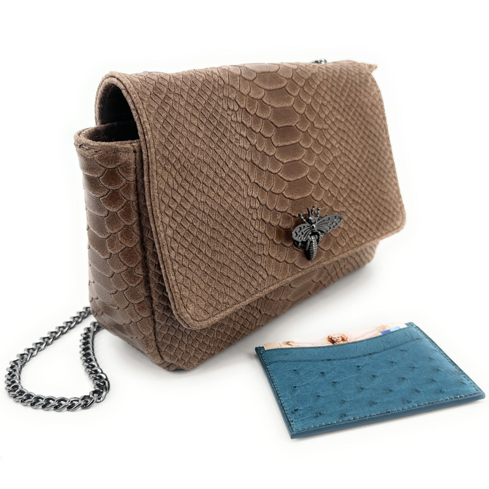 Sac bandoulière en cuir embossé effet serpent HONEY Taupe foncé